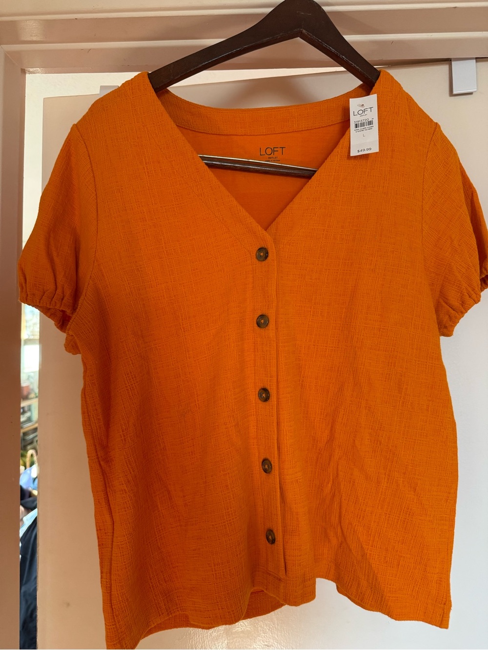 LOFT Bright Orange Button-Front Short Sleeve Blouse